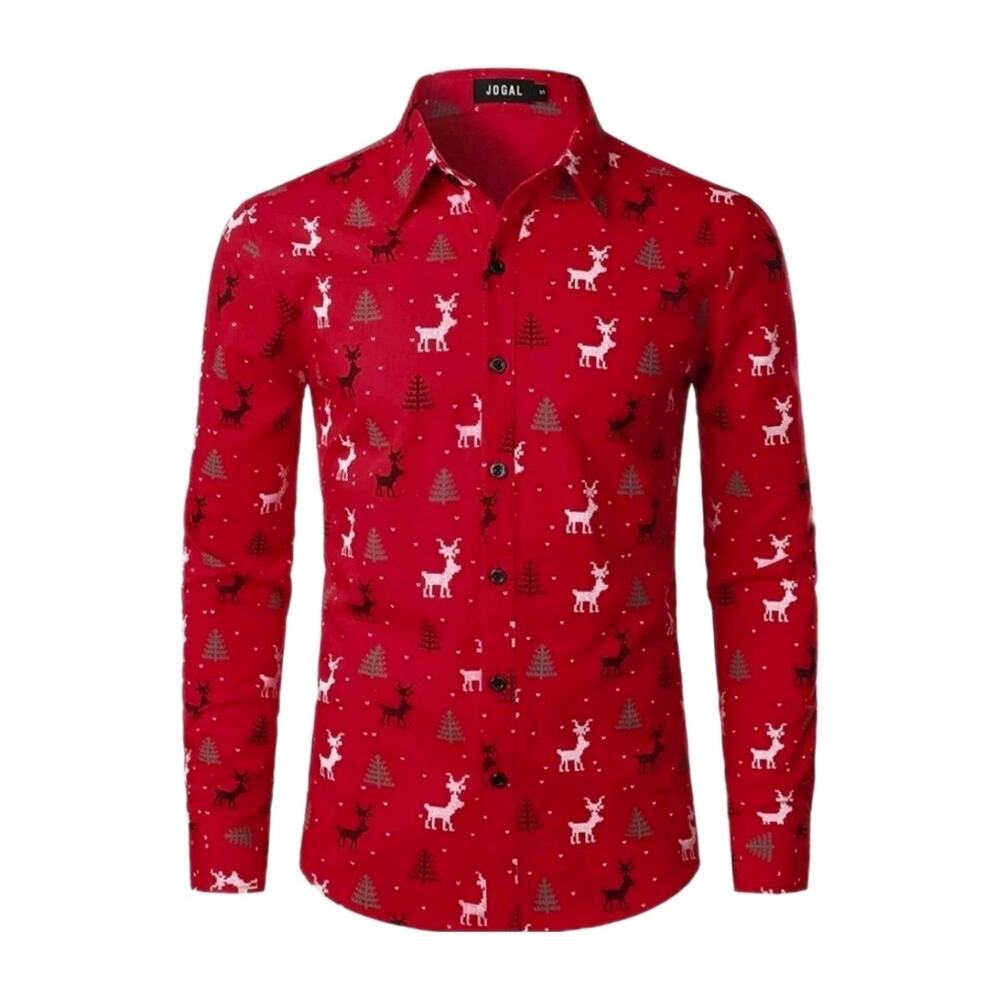 JOGAL Men's M Red Christmas Tree Reindeer Party Long Sleeve Button Down Shirt